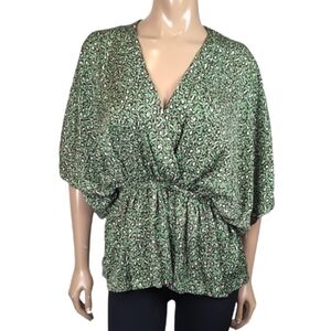 Mustard Seed Wrap Blouse Womens Size Small Green Animal Print Boho Kimono Top
